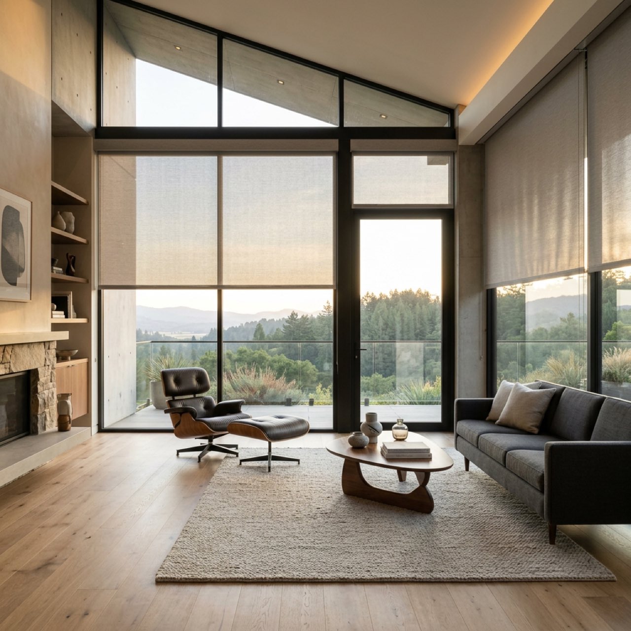 Living room with roller blinds at tall windows