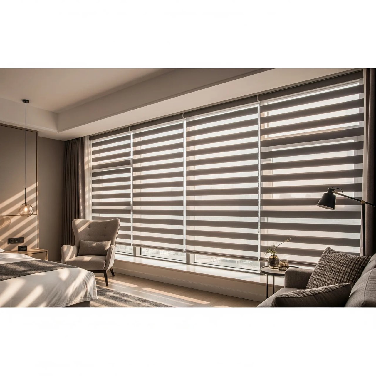 Zebra blinds across a living room window