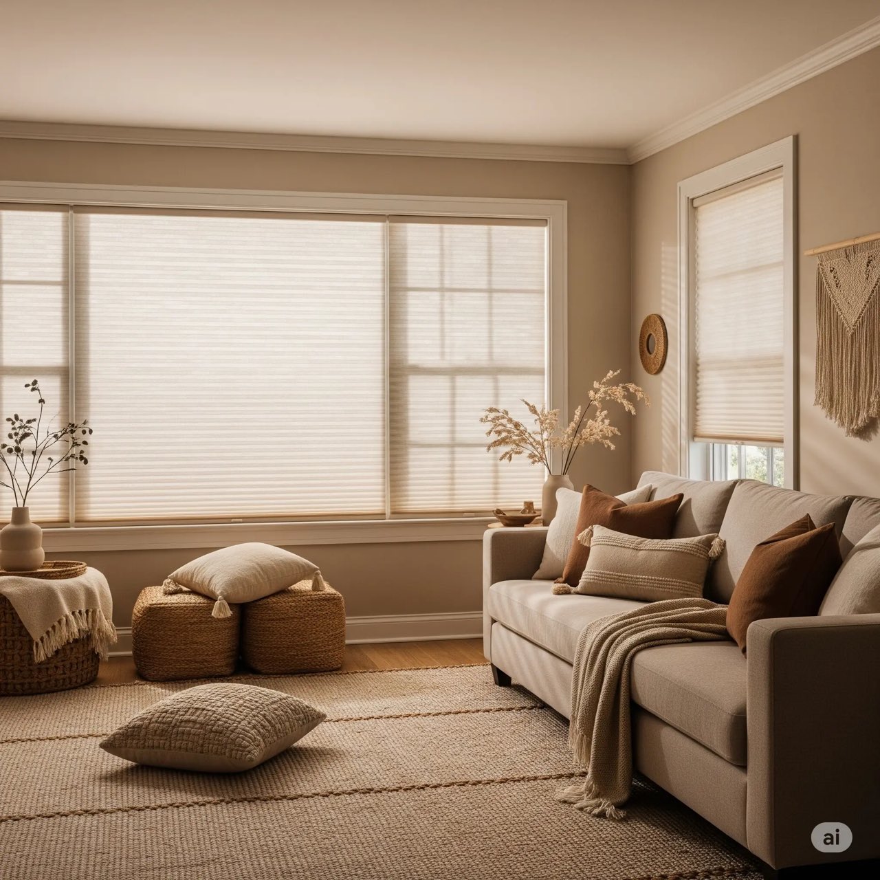 Living room with light-filtering blinds