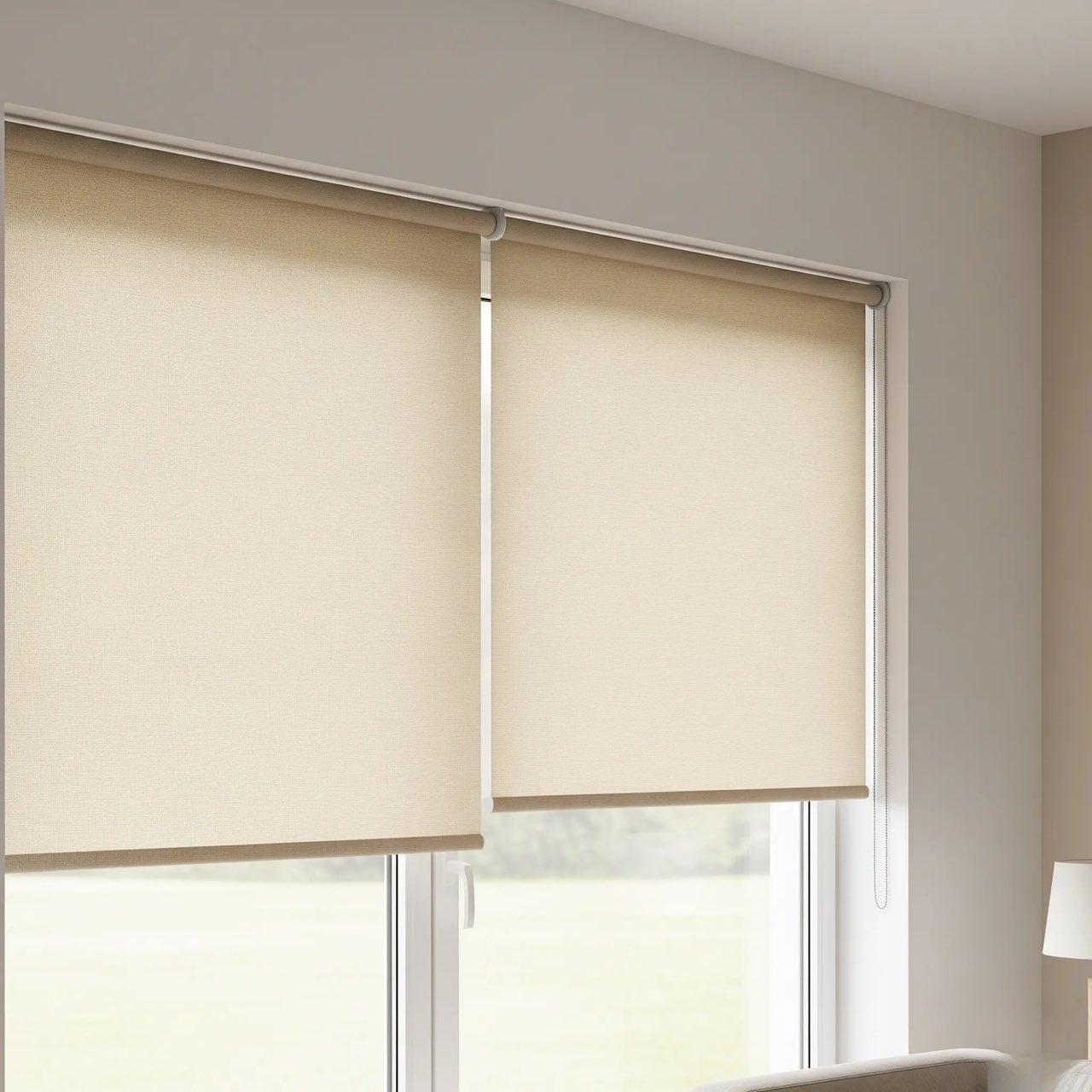 Roller blinds in a light-filtering fabric at two windows