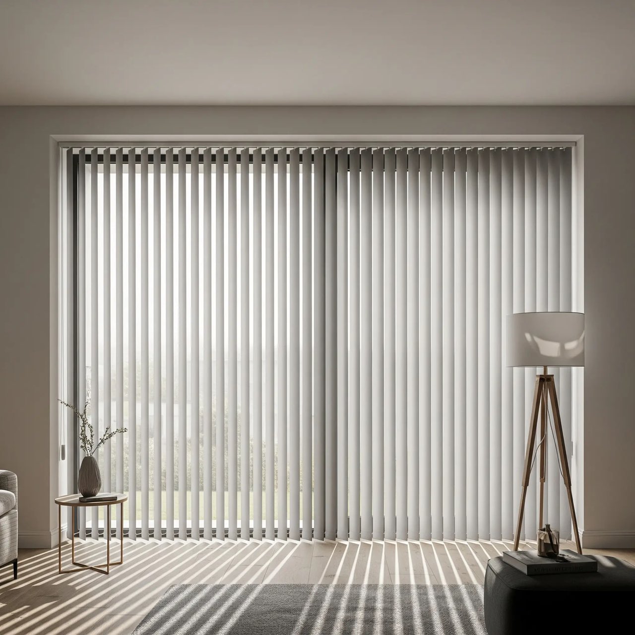 Vertical blinds across a full-height sliding door