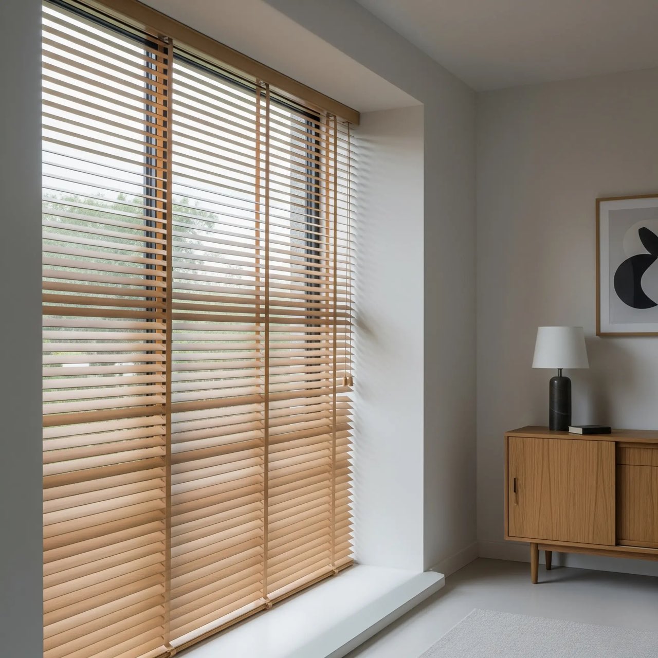 Wooden Venetian blinds at a tall window