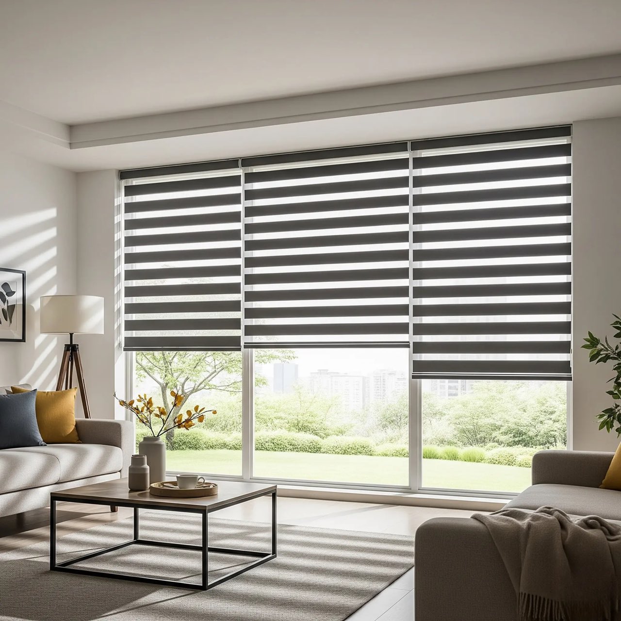 Zebra blinds across a wide living room window
