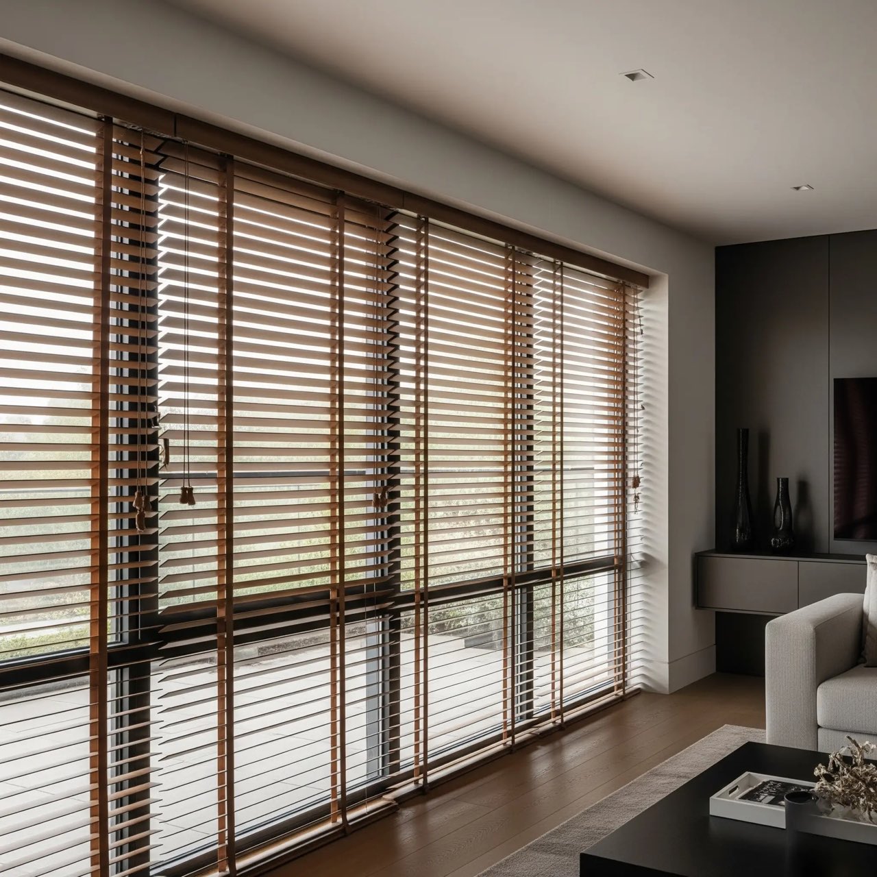 Wooden Venetian blinds across a row of windows
