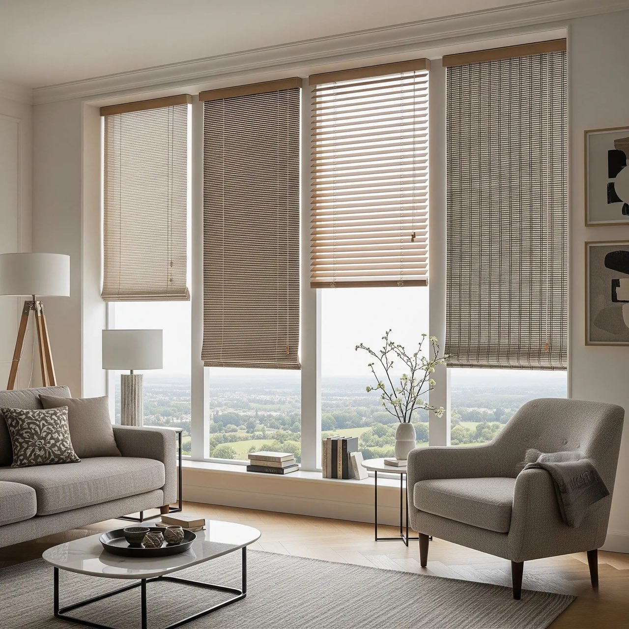 Living room with woven and wooden blinds